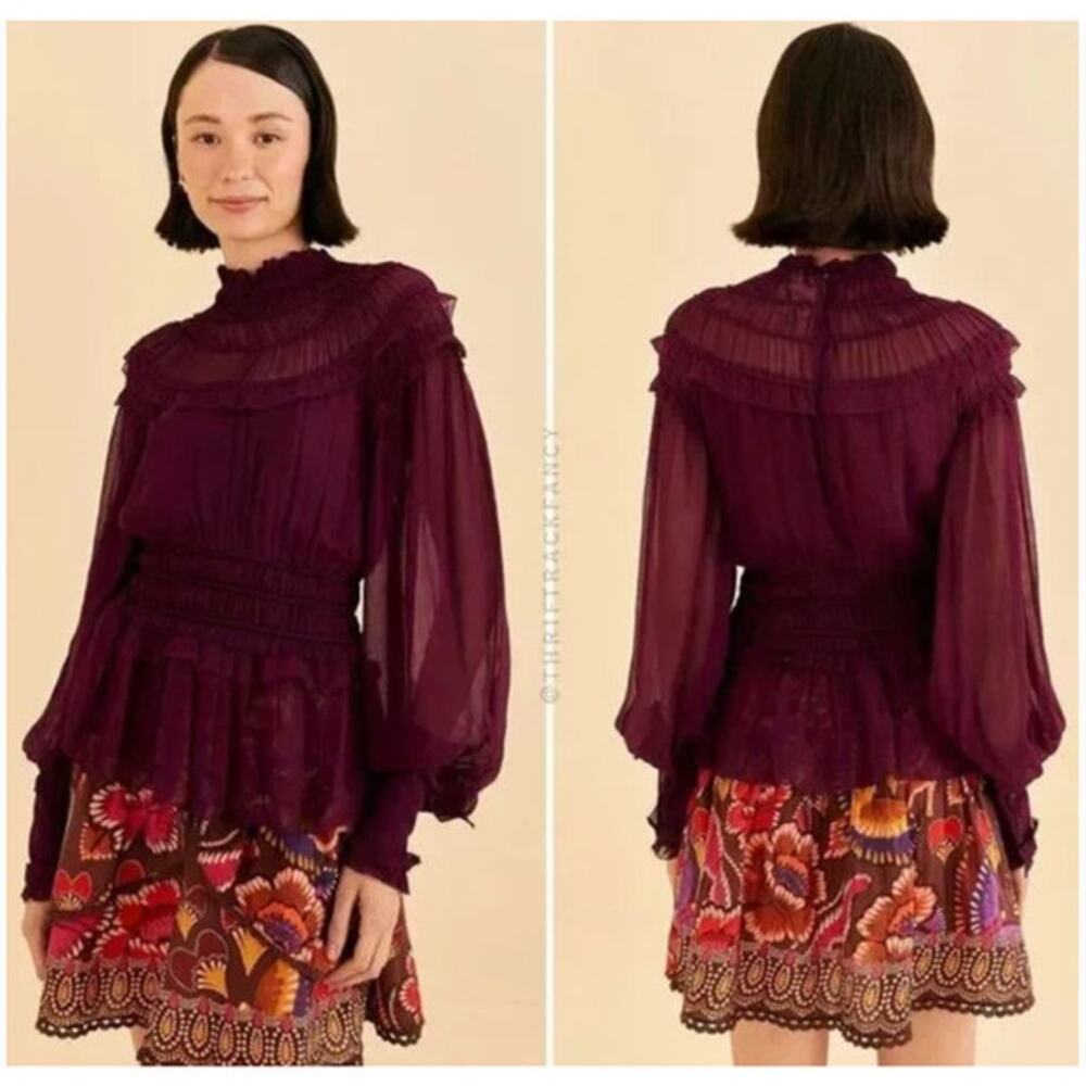 Farm Rio Chiffon Ruffled Blouse in Bordeaux Sz Large Eggplant Purple Peplum NEW - Picture 12 of 15